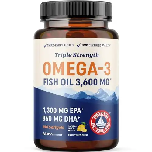 Triple Strength Omega 3 Fish Oil 3600 mg | EPA & DHA | Over 2100mg Omega-3 Fatty Acids | 1300mg EPA + 860mg DHA | Best Essential Fatty Acids | Premium Wild Caught & Burpless Fish Oil | 180 Ct