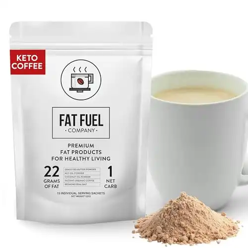 FAT FUEL Keto Coffee 22g Premium Fats - With Grass Fed Butter, MCT Oil, Coconut & Redmond Real Salt - Instant Organic Coffee, One Net Carb, A True Meal Replacement - 15 Servings