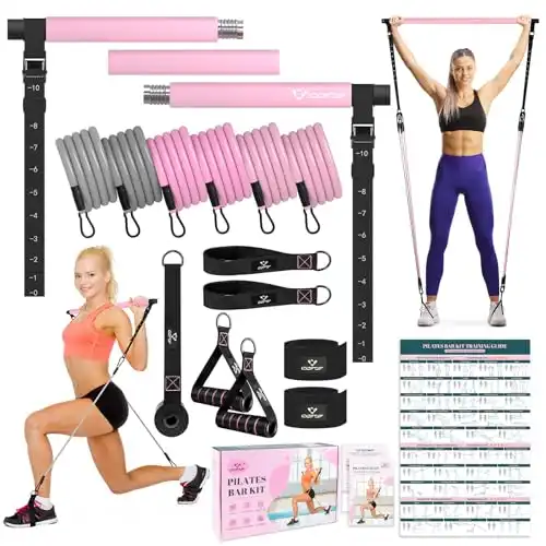 Pilates Bar Kit with Resistance Bands, Multifunctional Yoga Pilates Bar with Heavy-Duty Metal Adjustment Buckle, Portable Home Gym Pilates Resistance Bar for Women Full Body Workouts(20-150LBS)-Pink