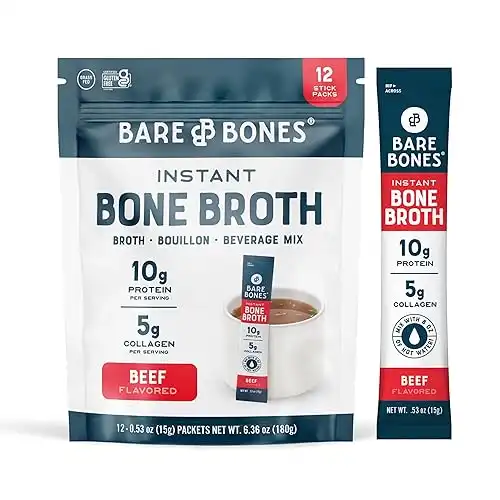 Bare Bones Beef Bone Broth Instant Powdered Mix | Rich Savory Packets on-the-Go No Artificial Flavors | 100% Grass Fed Keto & Paleo Friendly | 10g Protein | 12 Pack