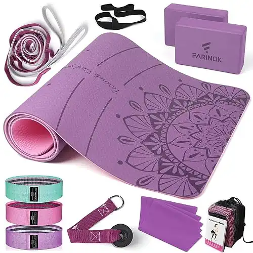 1/3 Yoga Mat Thick, Yoga Set for Beginners Include High Density Yoga Mat with Multi-loops Yoga Strap, Yoga Blocks, Booty Resistance Band Set, Door Anchor, Carring Bag & Strap