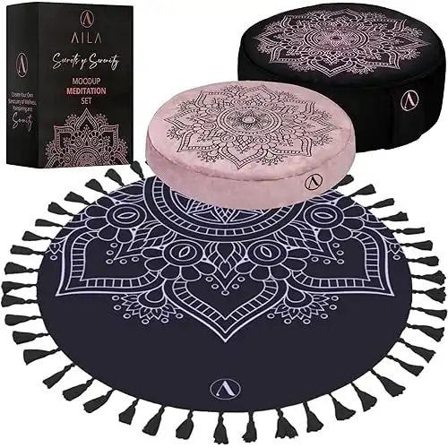 Meditation Pillow Set with Small Meditation Mat & Extra Cushion Cover Luxurious Meditation Floor Pillow Zen Spiritual Decor Zafu Round Yoga Meditation Cushion Gift for Meditation Lovers