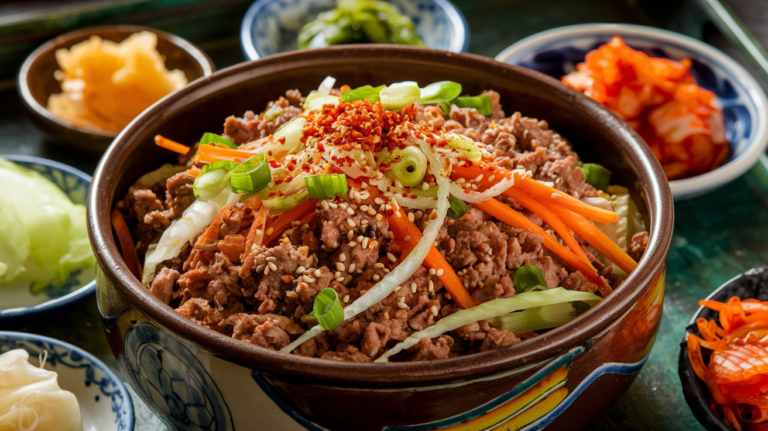 bowl of egg roll in a bowl , featuring tender ground beef mixed with shredded cabbage, carrots, and green onions, all tossed in a savory soy sauce glaze. The dish is garnished with sesame seeds and served hot, creating an inviting and appetizing presentation.