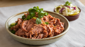 A beautifully presented bowl of keto BBQ crockpot pulled pork , featuring tender shredded pork seasoned with smoky spices and served alongside fresh garnishes like green onions or cilantro. The dish is accompanied by a side of pickles or coleslaw, creating an inviting and appetizing presentation.