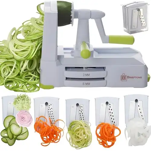 5-Blade Vegetable Spiralizer: Strongest-Heaviest Spiral Slicer, Best Veggie Pasta Spaghetti Maker for Low Carb/Paleo/Gluten-Free/Vegan Meals, With Extra Blade Caddy, 4 Recipe Ebooks