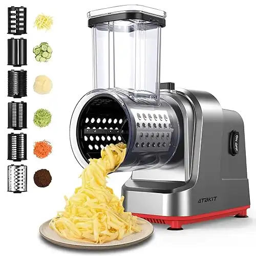 Electric Cheese Grater, With 6 Different Shapes of Blades, 250W Electric Slicer Shredder, Electric Salad Machine for Cheeses, Fruits, Vegetables