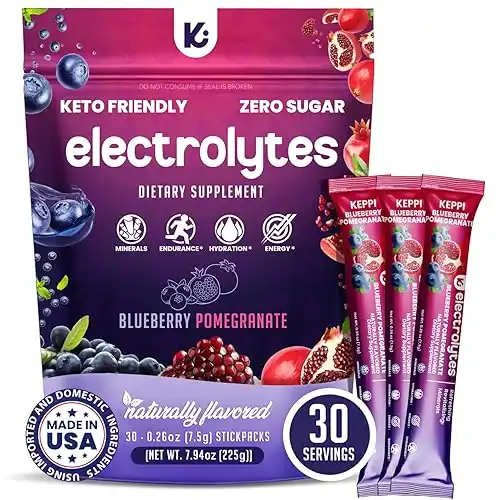 Keppi Blueberry Pomegranate Electrolytes Powder Packets 30 Sugar Free Hydration Packets, Keto-Friendly Hydration Packets Perfect for Travel, Gym, and Everyday Refreshment