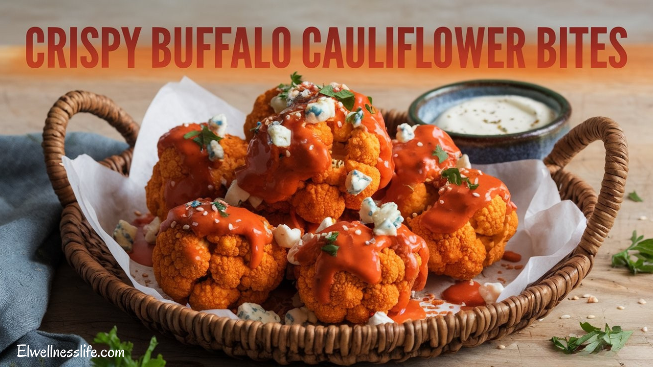 A beautifully presented plate of crispy buffalo cauliflower wings , featuring golden-brown cauliflower florets coated in a vibrant red buffalo sauce and sprinkled with sesame seeds and fresh herbs. The dish is served on a rustic wooden board, creating an inviting and appetizing presentation.