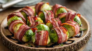 bacon-wrapped Brussels sprouts , featuring tender sprouts snugly wrapped in crispy bacon strips. The dish is garnished with a sprinkle of fresh herbs and served on a rustic wooden plate, creating an inviting and appetizing presentation.