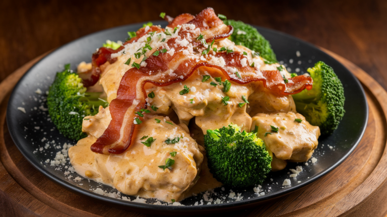 chicken Alfredo bacon with broccoli , featuring tender chicken pieces tossed in a creamy Alfredo sauce alongside crisp bacon strips and fresh broccoli florets. The dish is garnished with grated Parmesan cheese and fresh herbs, creating an inviting and appetizing presentation.