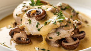 creamy garlic mushroom chicken , featuring golden-brown chicken pieces nestled in a velvety cream sauce with sautéed mushrooms and minced garlic. The dish is garnished with fresh herbs and served straight from the skillet, creating an inviting and appetizing presentation.