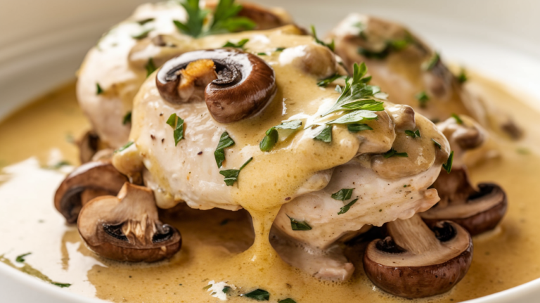 creamy garlic mushroom chicken , featuring golden-brown chicken pieces nestled in a velvety cream sauce with sautéed mushrooms and minced garlic. The dish is garnished with fresh herbs and served straight from the skillet, creating an inviting and appetizing presentation.