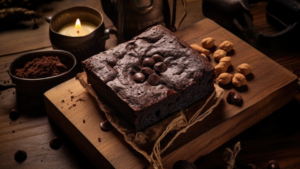 A beautifully presented tray of flourless keto brownies , featuring dark chocolate squares with a glossy finish. Garnished with fresh berries and served warm.