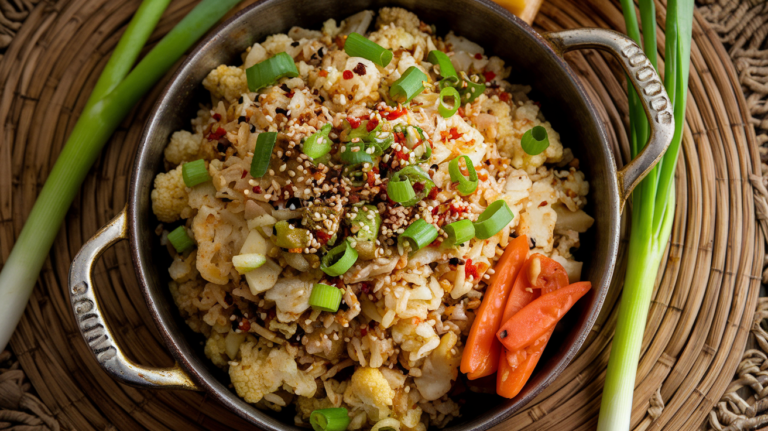 easy cauliflower fried rice , featuring golden scrambled eggs, tender riced cauliflower, and colorful stir-fried vegetables like carrots, peas, and bell peppers. The dish is garnished with sesame seeds and served alongside a pair of chopsticks, creating an inviting and appetizing presentation.