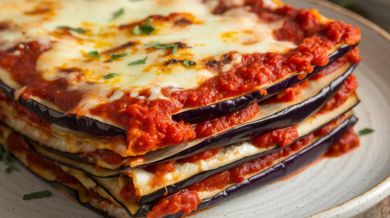 slice of eggplant lasagna , featuring alternating layers of roasted eggplant slices, vibrant red pasta sauce, and melted cheese. The dish is garnished with fresh herbs and served on a rustic wooden table, creating an inviting and appetizing presentation for vegetarian, vegan, or low-carb dinners.