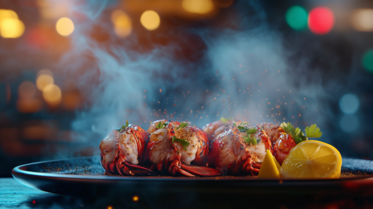 garlic butter lobster tails , featuring succulent lobster meat coated in a golden garlic butter sauce and garnished with fresh parsley and lemon wedges. The dish is served on a rustic ceramic plate, creating an inviting and appetizing presentation.