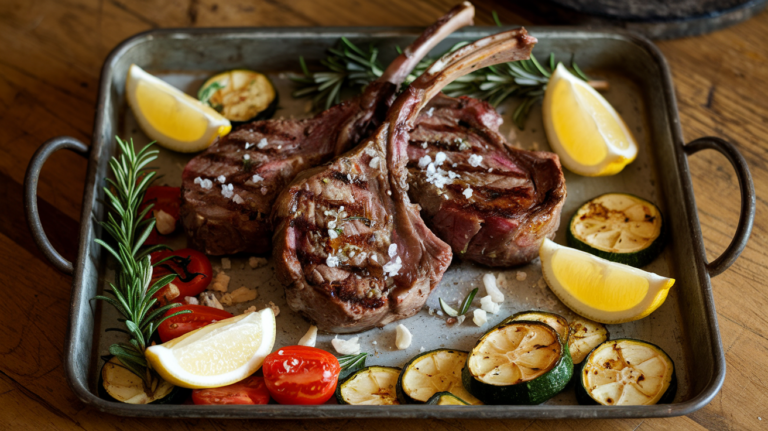 Greek grilled lamb chops , featuring tender lamb loin chops marinated in rosemary and garlic, served alongside fresh lemon wedges and garnished with sprigs of rosemary. The dish is arranged on a rustic wooden board, creating an inviting and appetizing presentation.