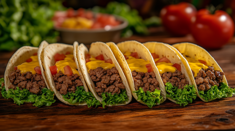 keto Big Mac tacos smash burgers , featuring small keto tortillas loaded with crispy smash burgers, melted cheese, fresh lettuce, pickles, and a drizzle of tangy special sauce. The dish is garnished with sesame seeds and served alongside a side of guacamole, creating an inviting and appetizing presentation.