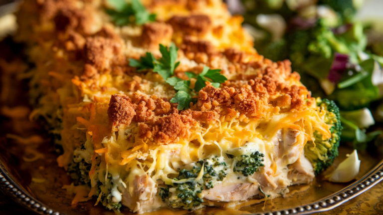 keto broccoli cheese casserole , featuring golden-brown chicken pieces nestled in a creamy cheese sauce with vibrant broccoli florets. The dish is garnished with fresh herbs and served hot, creating an inviting and appetizing presentation.