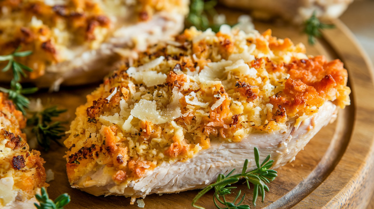 parmesan crusted chicken , featuring golden-brown chicken breasts coated in a crunchy layer of grated parmesan cheese. The dish is garnished with fresh herbs and served alongside roasted vegetables, creating an inviting and appetizing presentation.