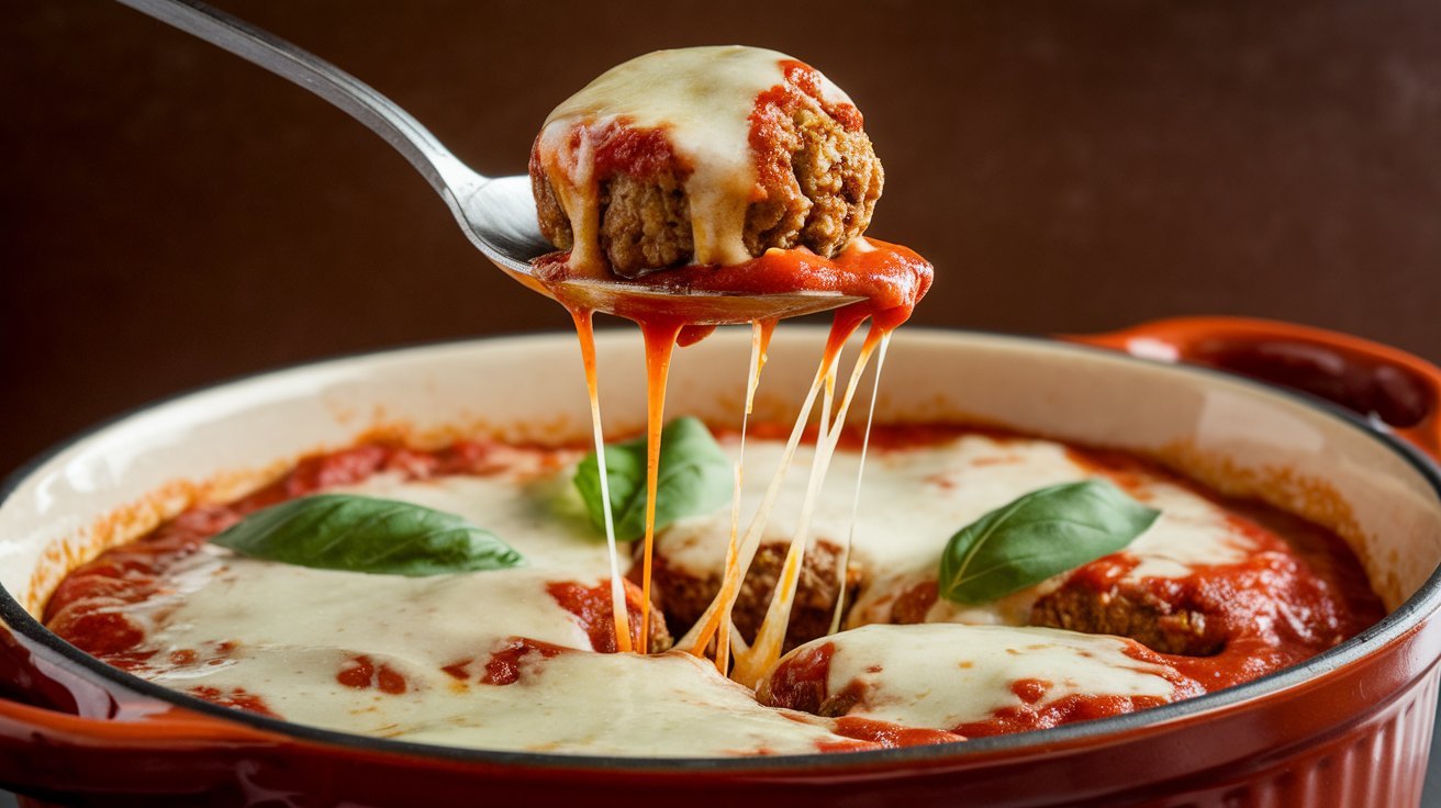 A beautifully presented casserole dish of keto meatball parmesan casserole , featuring juicy meatballs nestled in a vibrant marinara sauce and topped with gooey melted cheese. The dish is garnished with fresh basil leaves and served hot, creating an inviting and appetizing presentation.