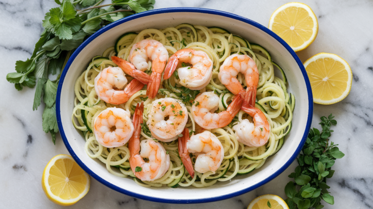 A beautifully presented plate of shrimp scampi with zoodles , featuring spiralized zucchini noodles coated in a rich garlic butter sauce and topped with perfectly cooked shrimp. The dish is garnished with fresh parsley and lemon wedges, creating an inviting and appetizing presentation.