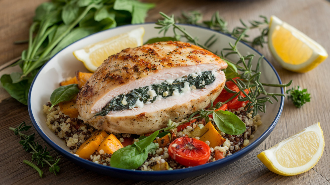 A beautifully presented plate of spinach & cheese stuffed chicken , featuring tender chicken breasts stuffed with a vibrant mixture of spinach and melted cheese. The dish is garnished with fresh herbs and served alongside roasted vegetables, creating an inviting and appetizing presentation.