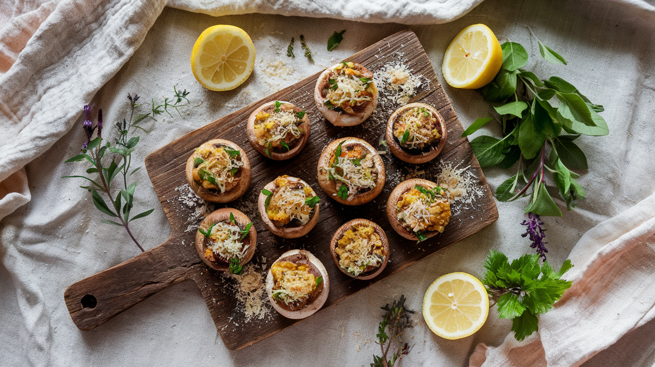 keto stuffed mushrooms , featuring creamy cheese-filled mushroom caps garnished with fresh herbs and spices. The dish is arranged on a rustic wooden board, creating an inviting and appetizing presentation.