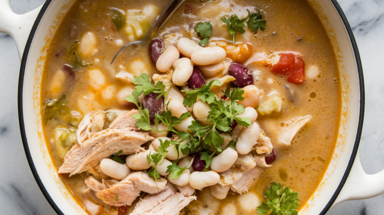 keto white chicken chili , featuring tender chicken pieces swimming in a creamy, cheesy broth with white beans and spices. The dish is garnished with fresh cilantro and served hot, creating an inviting and appetizing presentation.