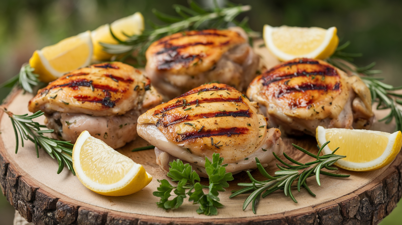 lemon herb grilled chicken thighs , featuring golden-brown chicken thighs infused with the bright flavors of lemon and fresh herbs. The dish is garnished with fresh parsley and lemon wedges, served on a rustic wooden board that highlights its vibrant and appetizing appeal. ===