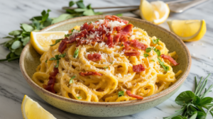 A beautifully presented bowl of spaghetti squash carbonara , featuring golden spaghetti squash strands mixed with a rich cream sauce, crispy bacon bits, and grated Parmesan cheese. The dish is garnished with fresh herbs and served on a rustic wooden board, creating an inviting and appetizing presentation.