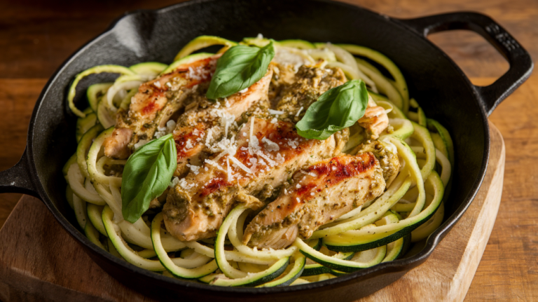 zucchini noodles with pesto chicken , featuring spiralized zucchini noodles coated in a creamy green pesto sauce and topped with succulent pieces of grilled chicken. The dish is garnished with fresh basil leaves and served on a rustic wooden table, creating an inviting and appetizing presentation for low-carb enthusiasts.