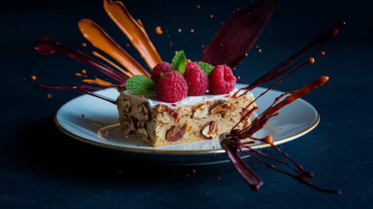 A close-up of blondies with pecans with a gooey center, topped with fresh raspberries and a drizzle of sugar-free caramel—a must-try squares and bars recipe for low-carb diets