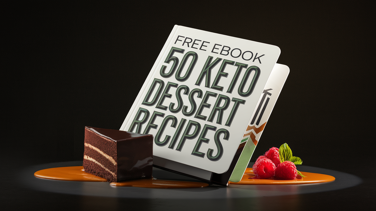 "A digital mockup of the '50 Keto Dessert Recipes' eBook cover, surrounded by keto desserts like chocolate lava cake, raspberry blondies, and creamy cheesecake—a visual feast for low-carb lovers."