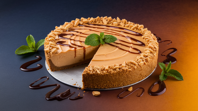 A close-up of keto peanut butter pie with a gooey, creamy filling, garnished with crushed peanuts and fresh berries—a must-try no-bake dessert for low-carb diets.