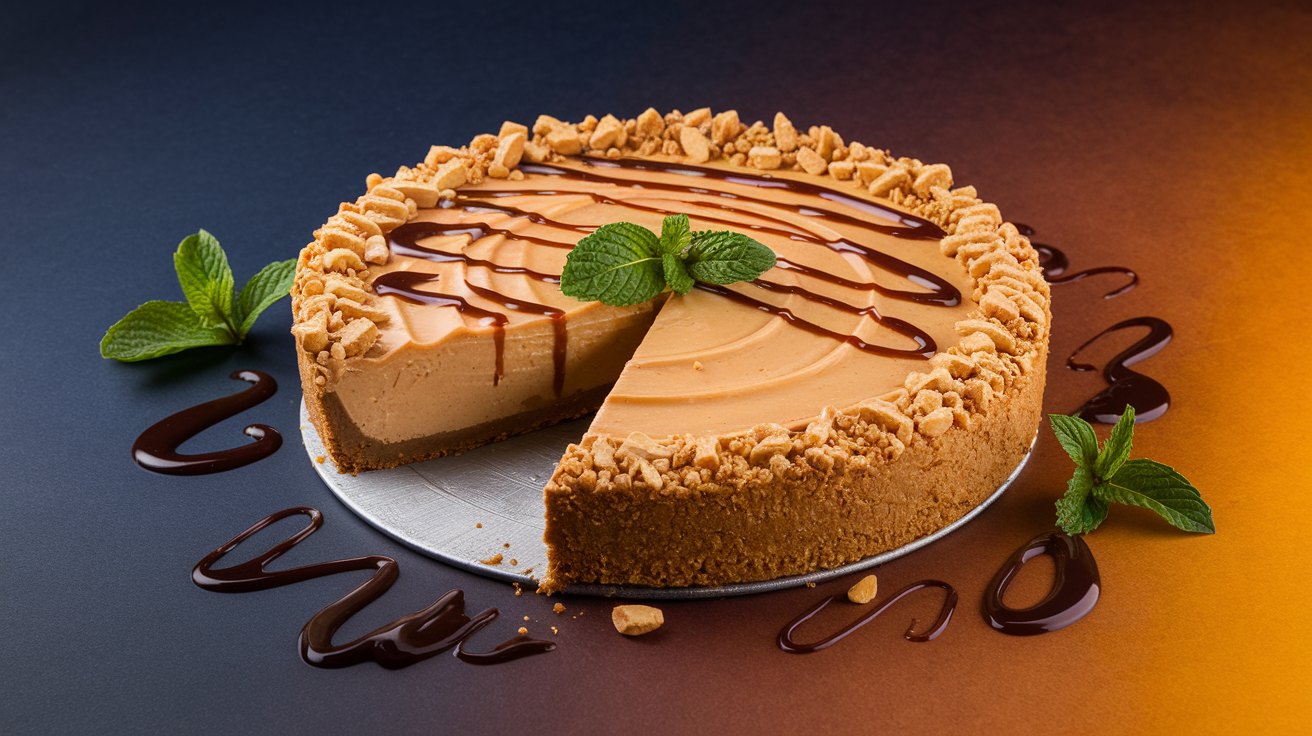 A close-up of keto peanut butter pie with a gooey, creamy filling, garnished with crushed peanuts and fresh berries—a must-try no-bake dessert for low-carb diets.